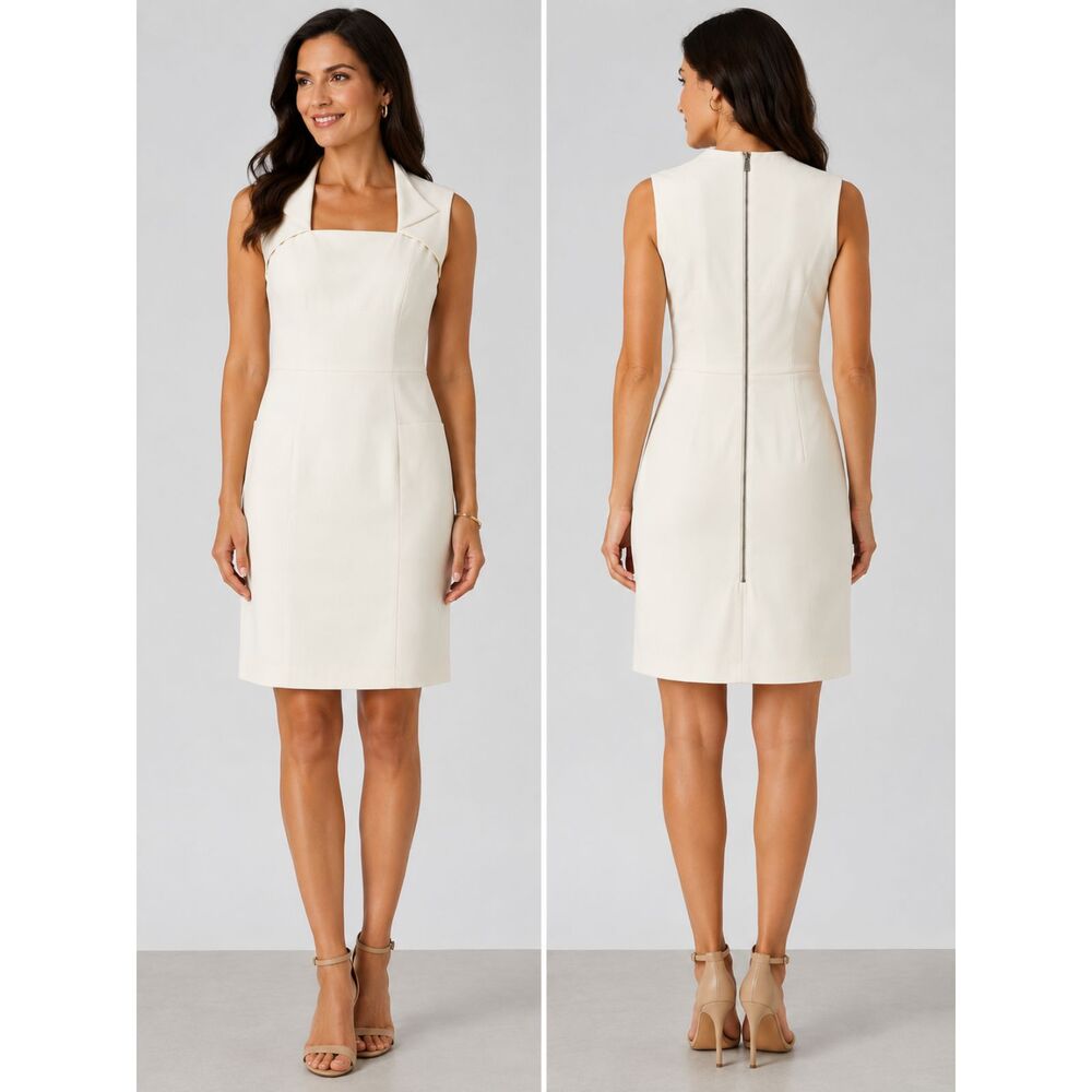 Andrew Marc White Sheath Dress Size 14 Sleeveless Career Midi Party Wedding